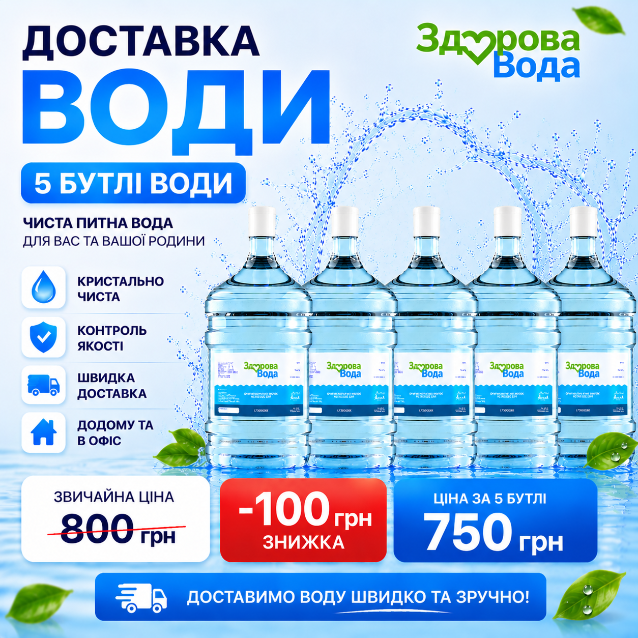 Доставка очищеної води 18,9 л — 5 бутлів