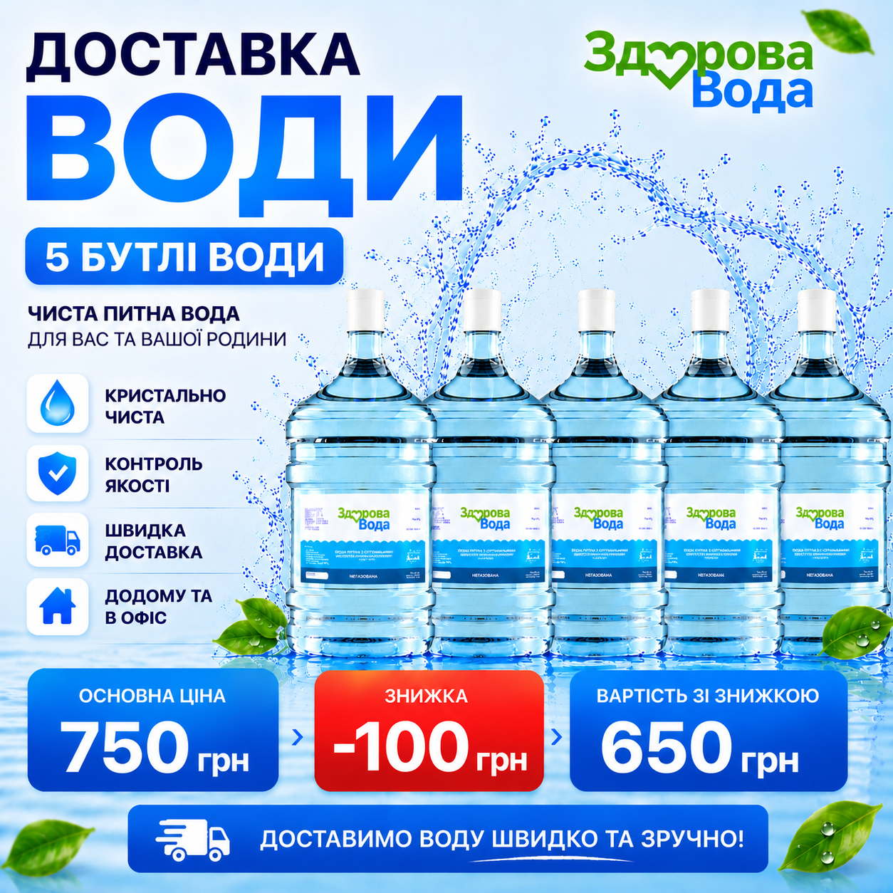 Доставка очищеної води 18,9 л — 5 бутлів